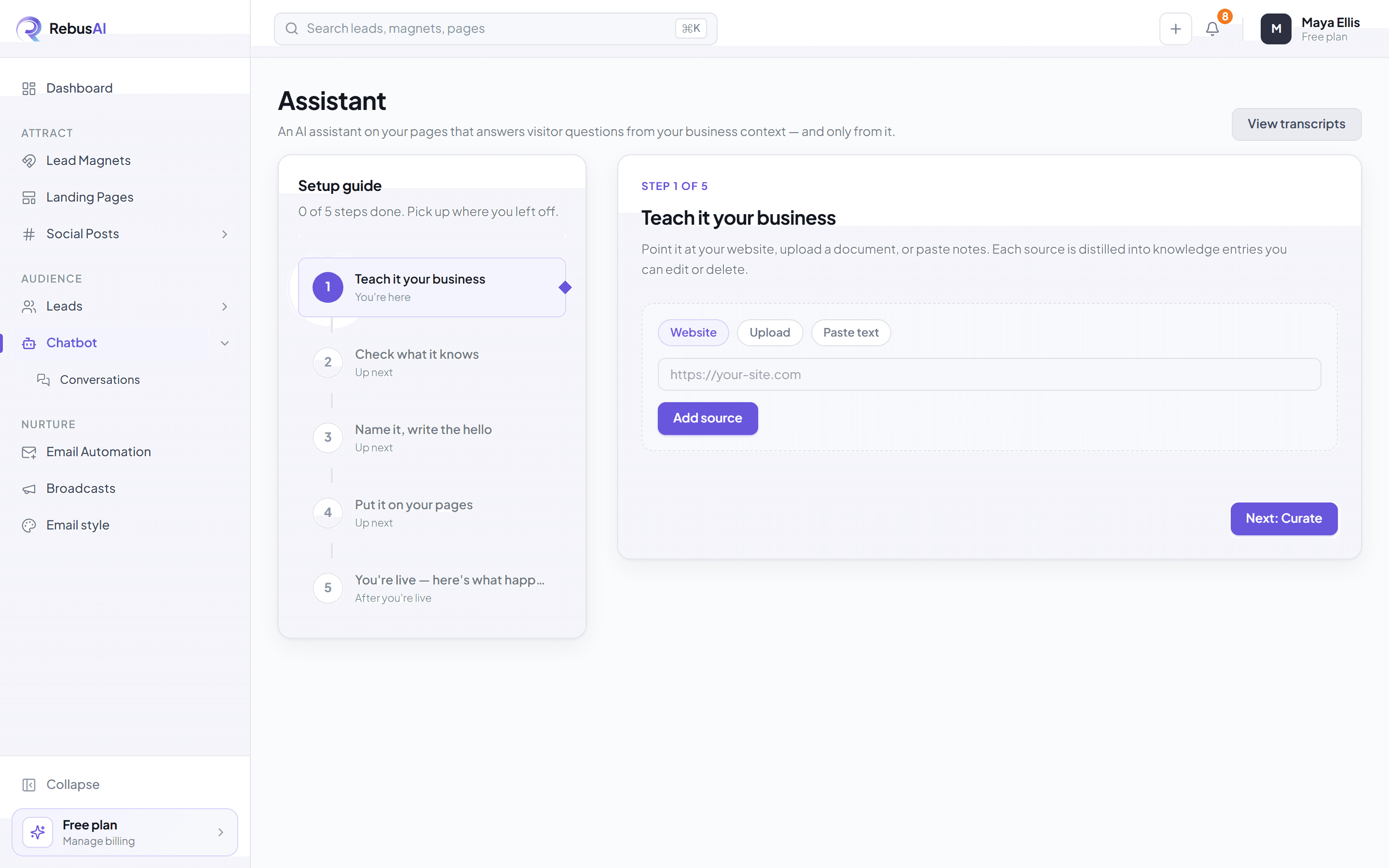 The chatbot screen, where the assistant is configured against the coach's own material
