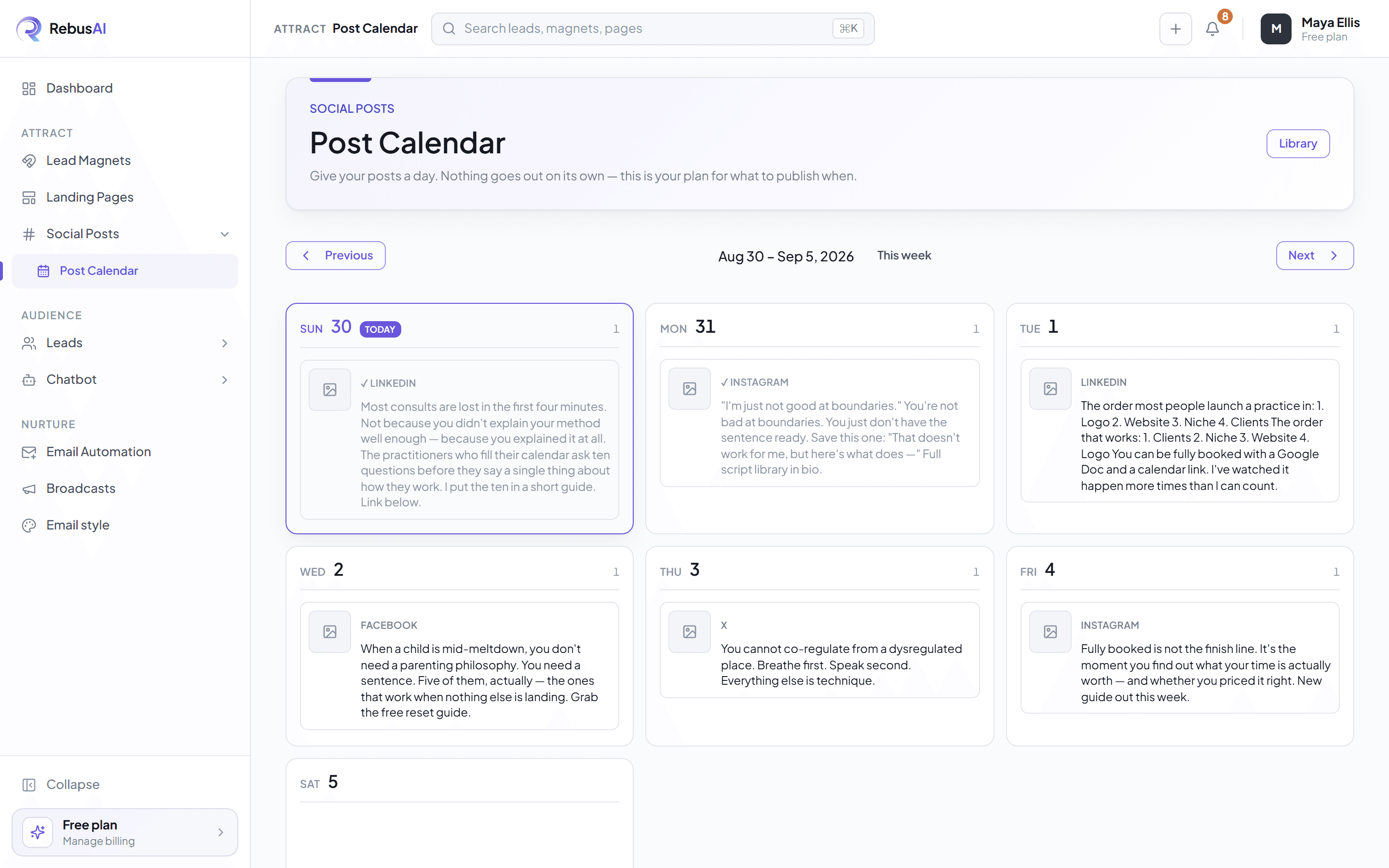 The post calendar, showing a week of LinkedIn, Instagram, Facebook and X posts placed on days